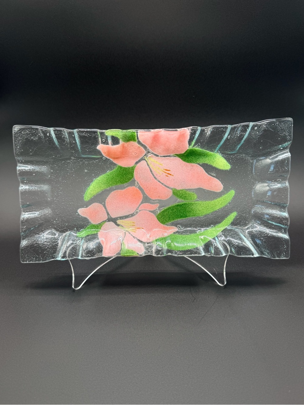 Sydenstricker Glass Pink Lily Rectangular Serving Tray Vanity Platter 12x6